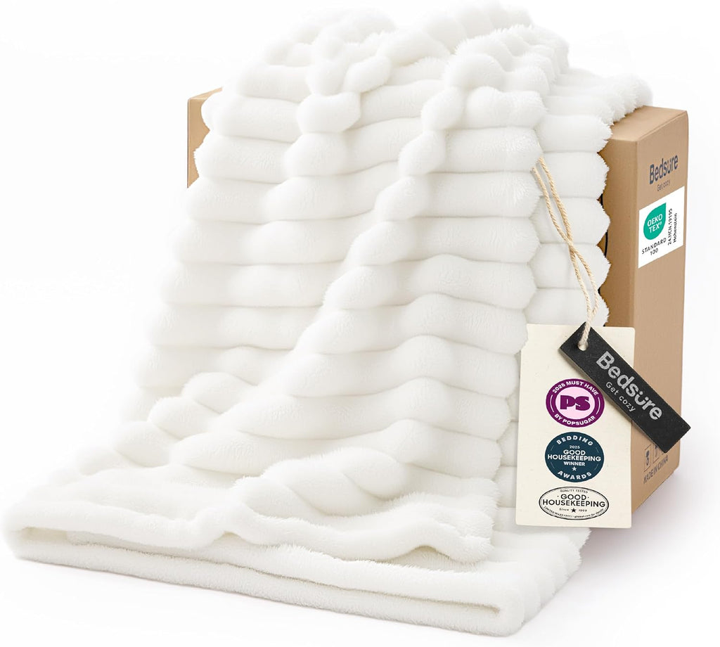 Bedsure GentleSoft White Throw Blanket for Couch - Graduation Gifts Teacher Birthday Gifts for Women Mom Her Girls, Cozy Fleece Blanket for Sofa Bed Living Room Home Decor, Off White, 50x60 Inchess