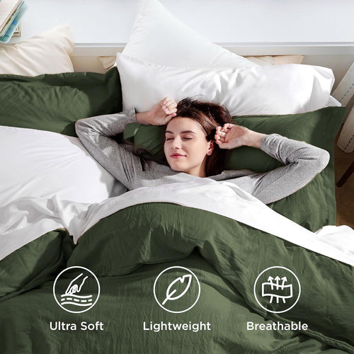Bedsure Olive Green Duvet Cover Queen Size - 3 Pieces Prewashed Cotton-Like Polyester Extra Soft Bedding Set, Includes 1 Duvet Cover 90x90 Inches with Zipper Closure & 2 Pillow Shams, No Comforter