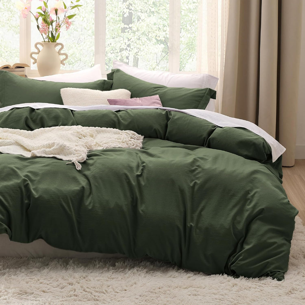 Bedsure Olive Green Duvet Cover Queen Size - 3 Pieces Prewashed Cotton-Like Polyester Extra Soft Bedding Set, Includes 1 Duvet Cover 90x90 Inches with Zipper Closure & 2 Pillow Shams, No Comforter