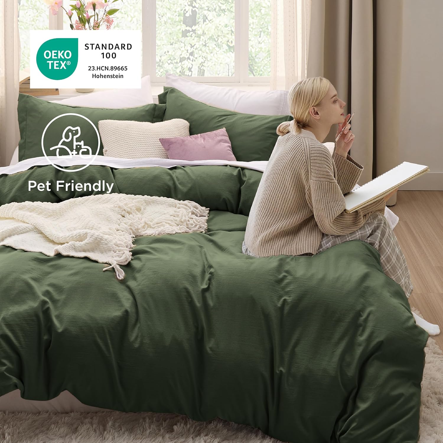 Bedsure Olive Green Duvet Cover Queen Size - 3 Pieces Prewashed Cotton-Like Polyester Extra Soft Bedding Set, Includes 1 Duvet Cover 90x90 Inches with Zipper Closure & 2 Pillow Shams, No Comforter